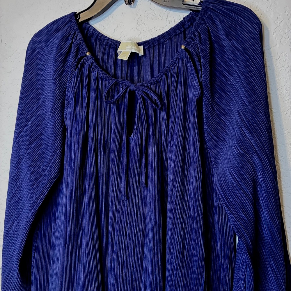 Michael Kors Plus Top 1X Womens Navy Blue Pleated Quiet Bell Sleeve Tunic Flowy